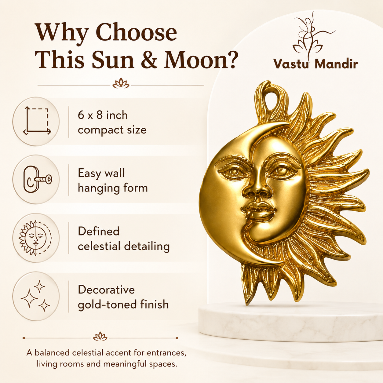 Sun & Moon Wall Hanging Brass Idol | Sacred Symbol of Harmony & Positivity | 6 x 8 Inch | 850 g