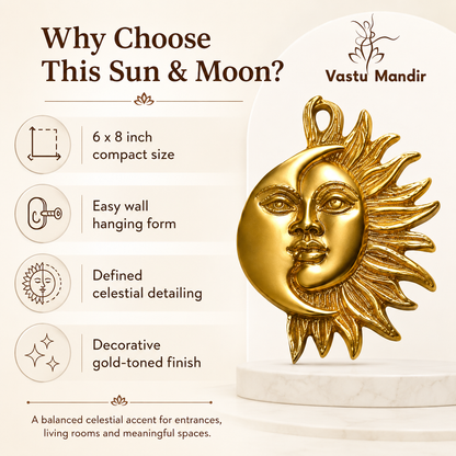 Sun & Moon Wall Hanging Brass Idol | Sacred Symbol of Harmony & Positivity | 6 x 8 Inch | 850 g