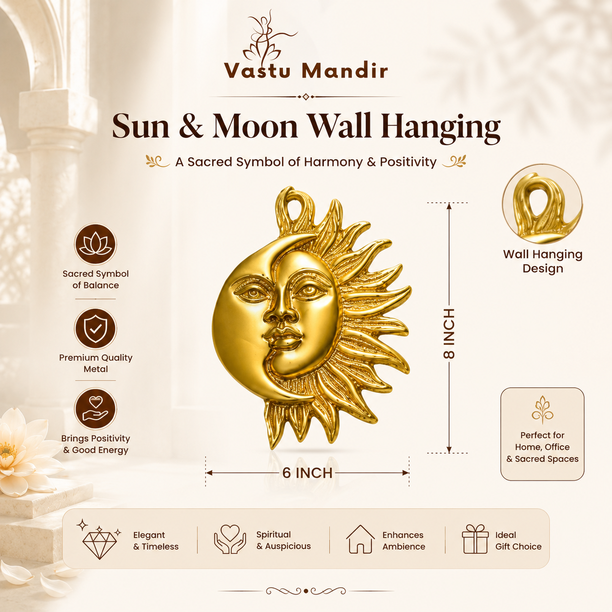 Sun & Moon Wall Hanging Brass Idol | Sacred Symbol of Harmony & Positivity | 6 x 8 Inch | 850 g