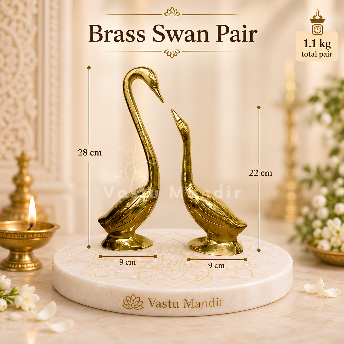 Brass Swan Pair Idol Vastu Remedy for Love, Harmony, Grace and Relationship Balance for Home, Bedroom and Gifting | 9 x 28 cm | 1.1 kg