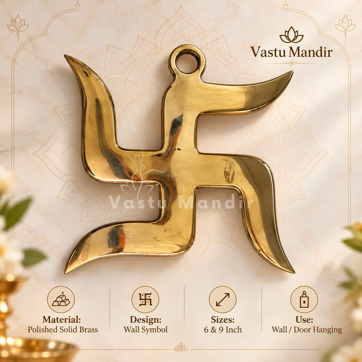 Brass Swastik Wall Symbol | Vastu Remedy for Main Entrance & Auspicious Energy | 5 & 9 Inch