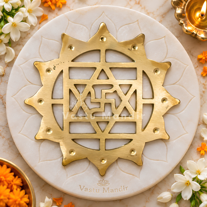 Brass Swastik with Lotus Helix (Kamal Satya) – Vastu Remedy for Main Door Protection | Evil Eye & Positive Energy Shield | Kitchen/Entrance Placement | 6 x 6 Inch