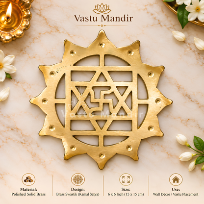 Brass Swastik with Lotus Helix (Kamal Satya) – Vastu Remedy for Main Door Protection | Evil Eye & Positive Energy Shield | Kitchen/Entrance Placement | 6 x 6 Inch