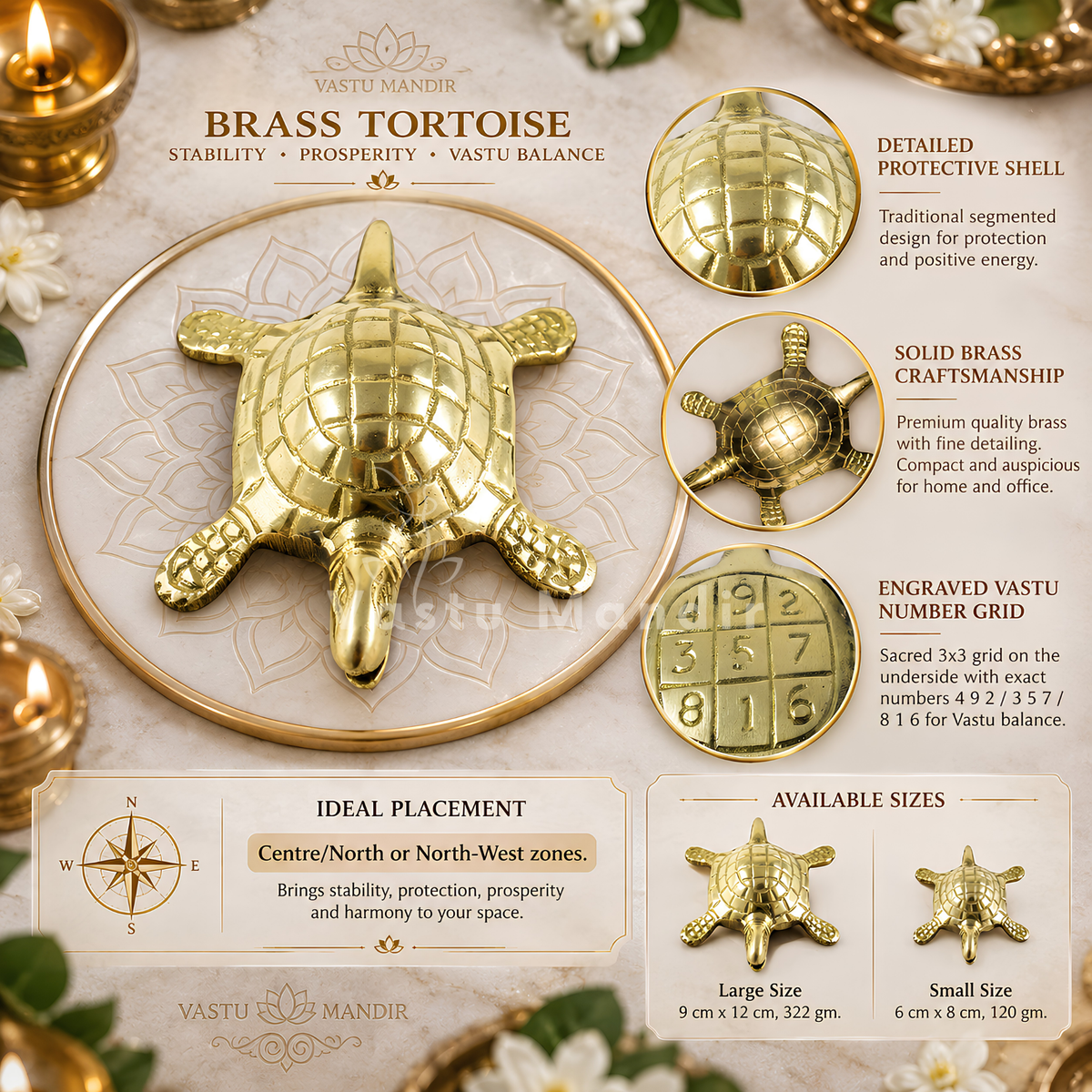 Brass Tortoise Idol Vastu Remedy for Stability, Wealth Support and Positive Energy for Home, Office and Directional Placement | 9 × 12 cm | 322 gm