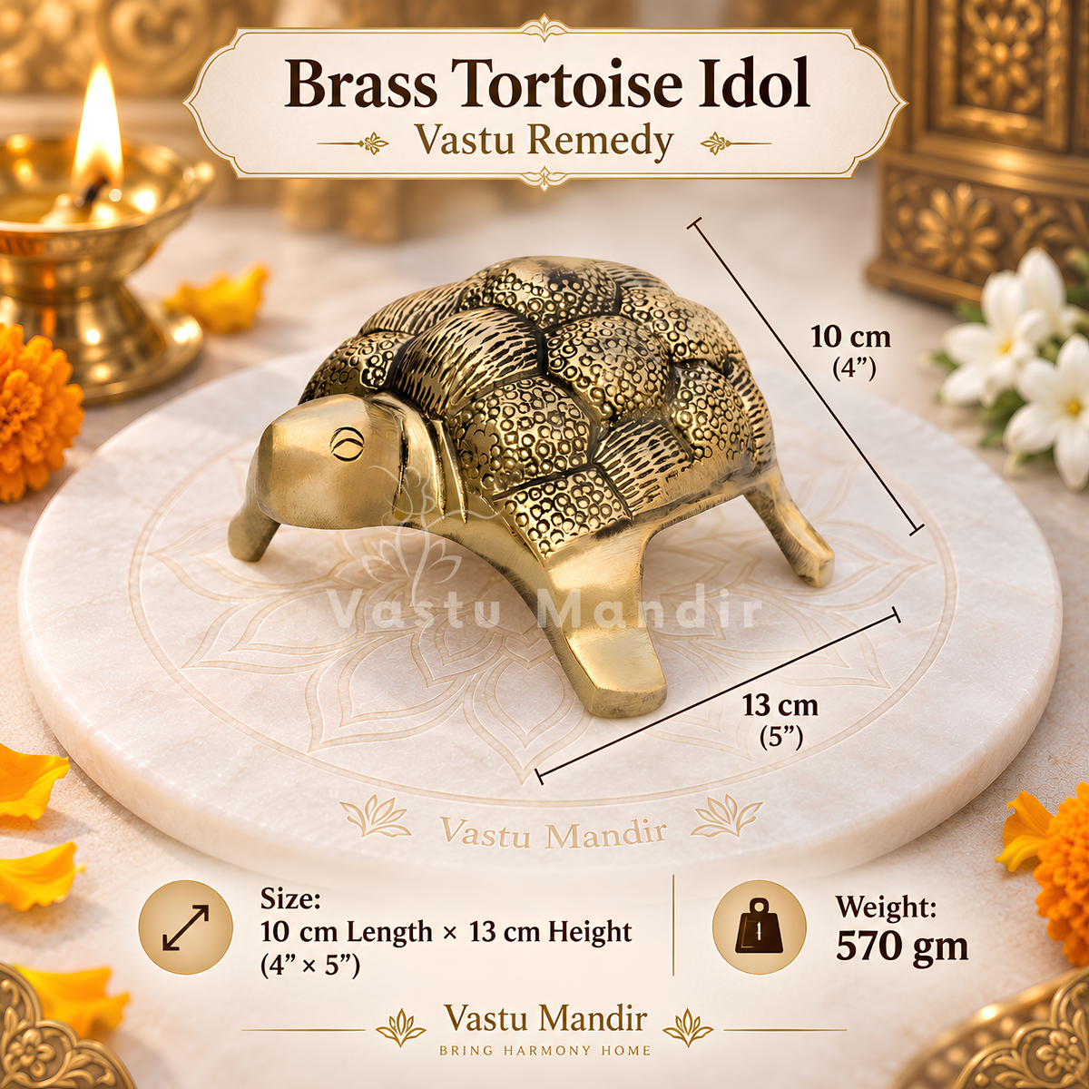 Brass Small Tortoise Idol Vastu Remedy for Stability, Longevity and Protection for Home, Office and North Zone Placement | 10×13 cm | 570 gm