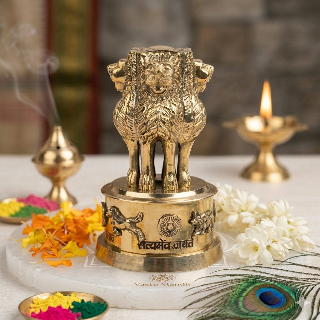 Brass Ashoka Stambh Idol with flowers and candles in the background