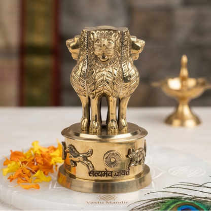 Brass Ashoka Stambh Idol on a marble base with decorative elements