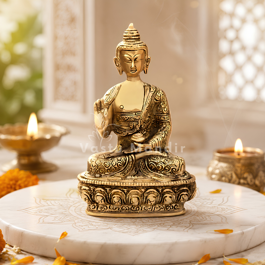 Golden Buddha statue seated in a meditative pose on an ornate pedestal, displayed on a white marble round tray with lit candles and flower petals in a softly blurred indoor setting.