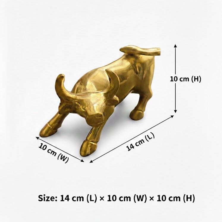 Brass bull statue with dimensions on a white background