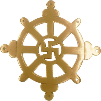 A gold-colored brass chakra satiya helix, a decorative wall piece combining the symbols of the Dharmachakra and Swastik.
