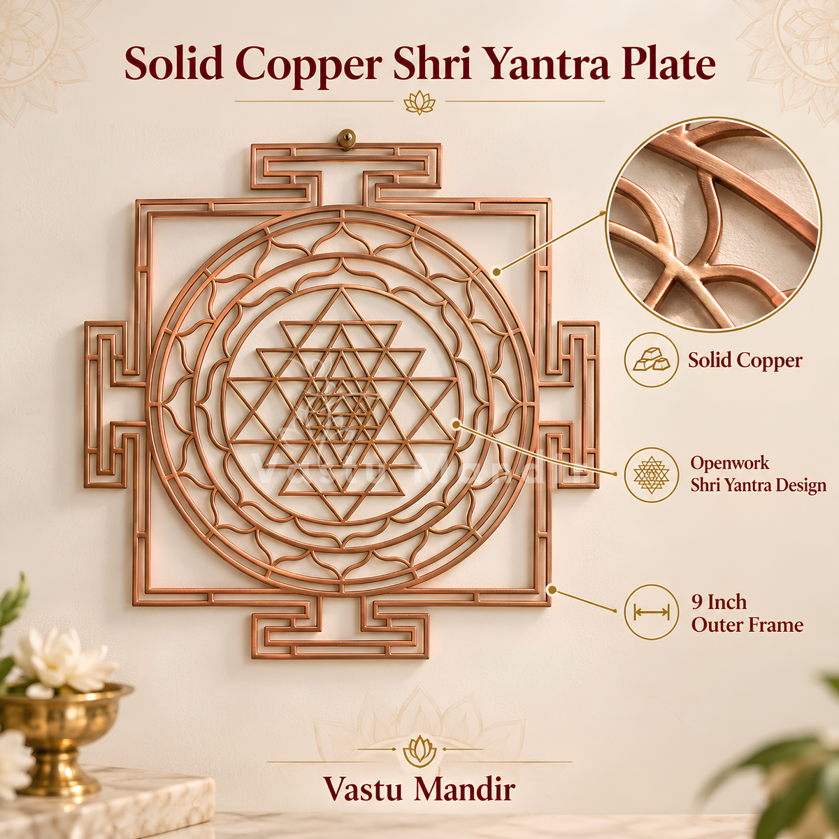 Pure Solid Brass & Copper Shri Yantra Plate for Vastu Remedy, Wealth, Prosperity & Vastu Correction — Sacred Geometry Lakshmi Yantra for Puja Room, Office, Brahmasthan & Financial Growth
