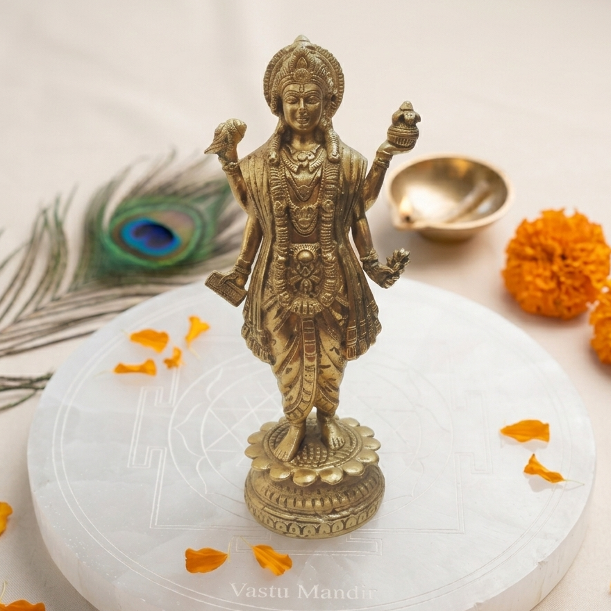 Brass Dhanvantri statue on a white platform with marigold flowers and a peacock feather.