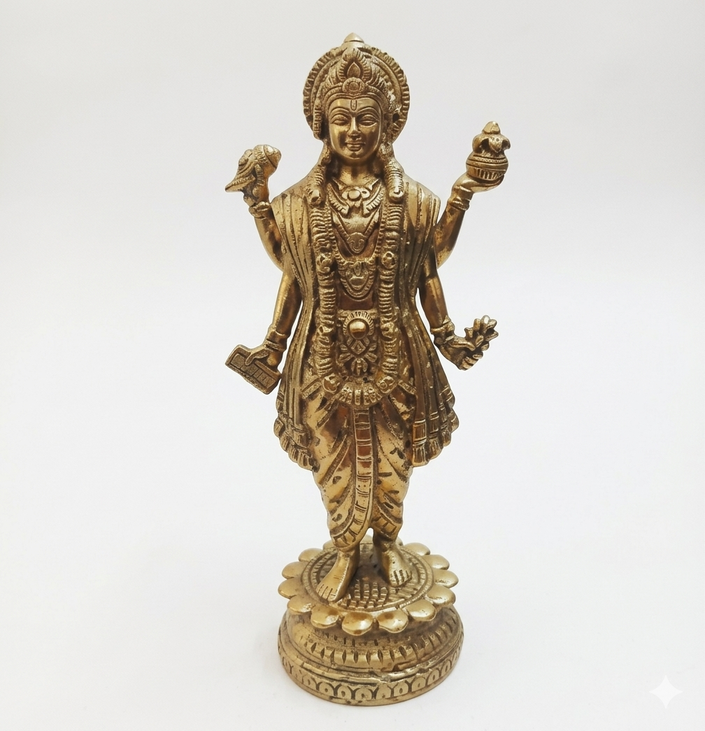 Brass Dhanvantri Idol of a deity on a white background