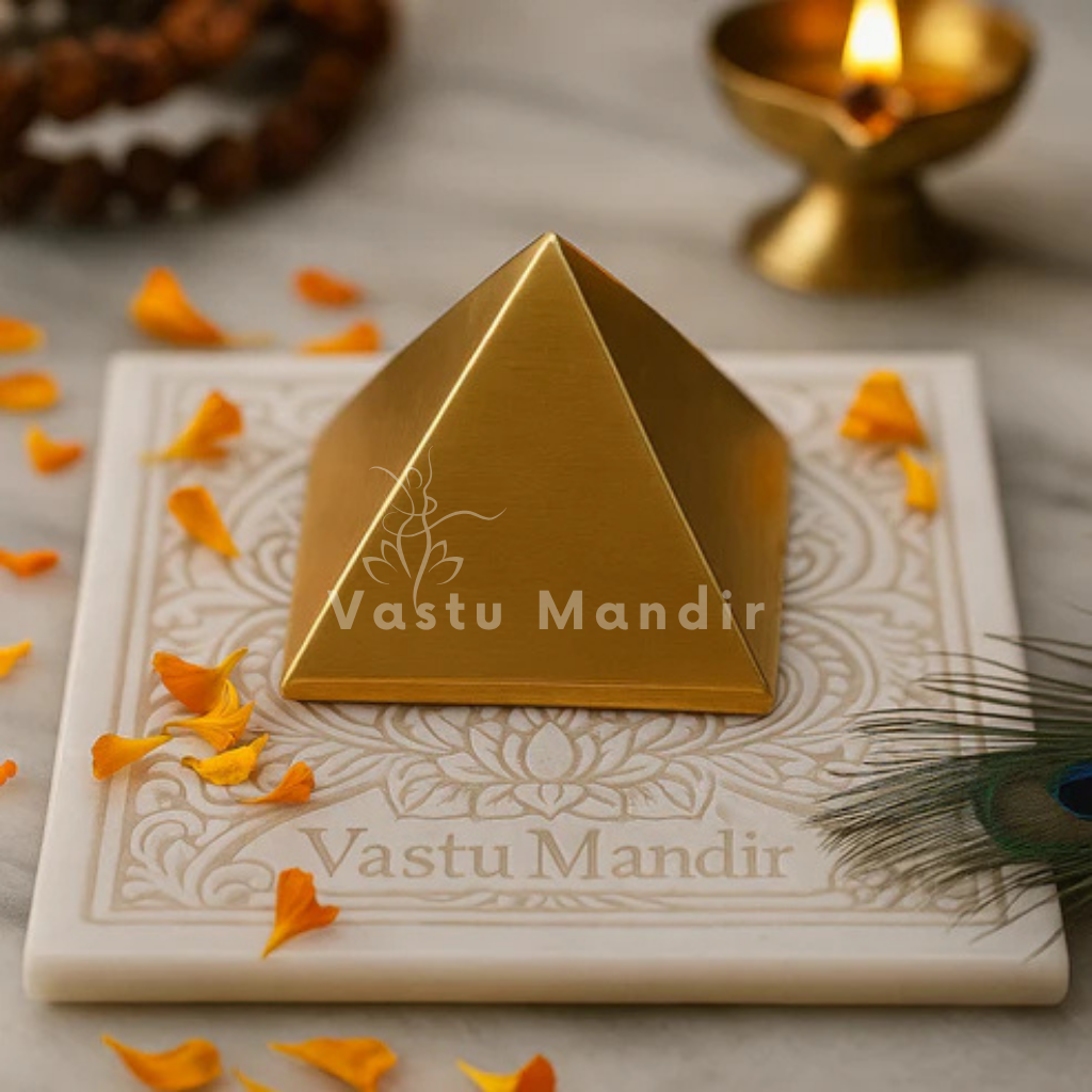 Hollow Brass Pyramid with 'Vastu Mandir' branding on a decorative base with flowers and a candle in the background.