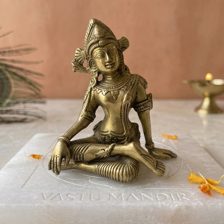 Brass Indra Dev Idol on a Selenite plate with a peacock feather and a small lamp in the background.