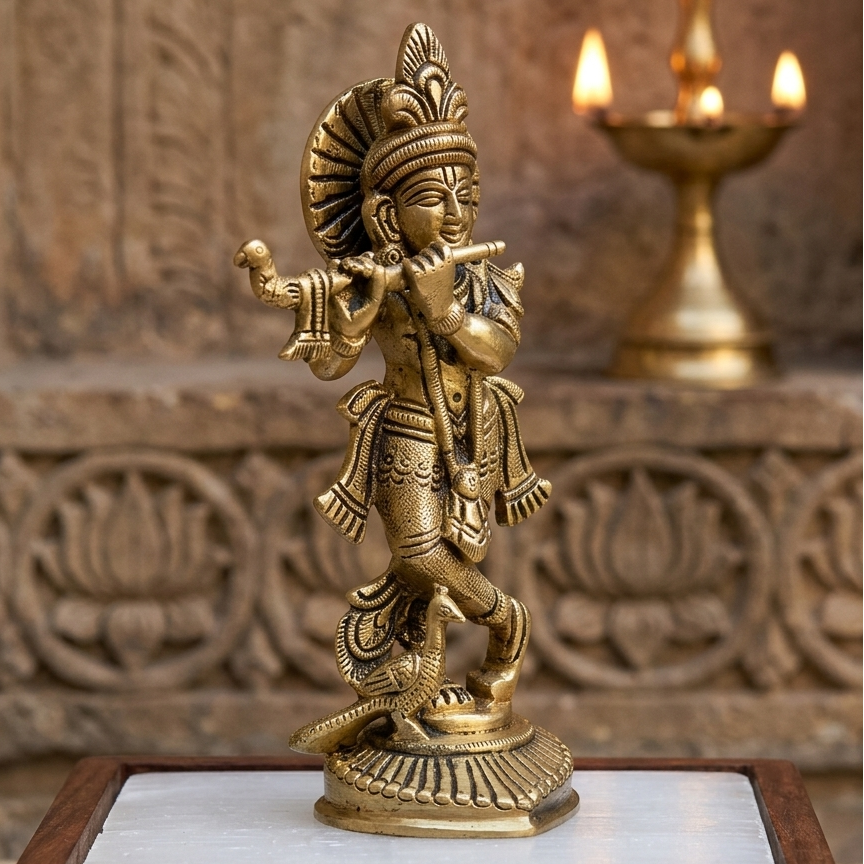 Brass Krishna Ji Idol Vastu Remedy on a wooden base with a decorative background