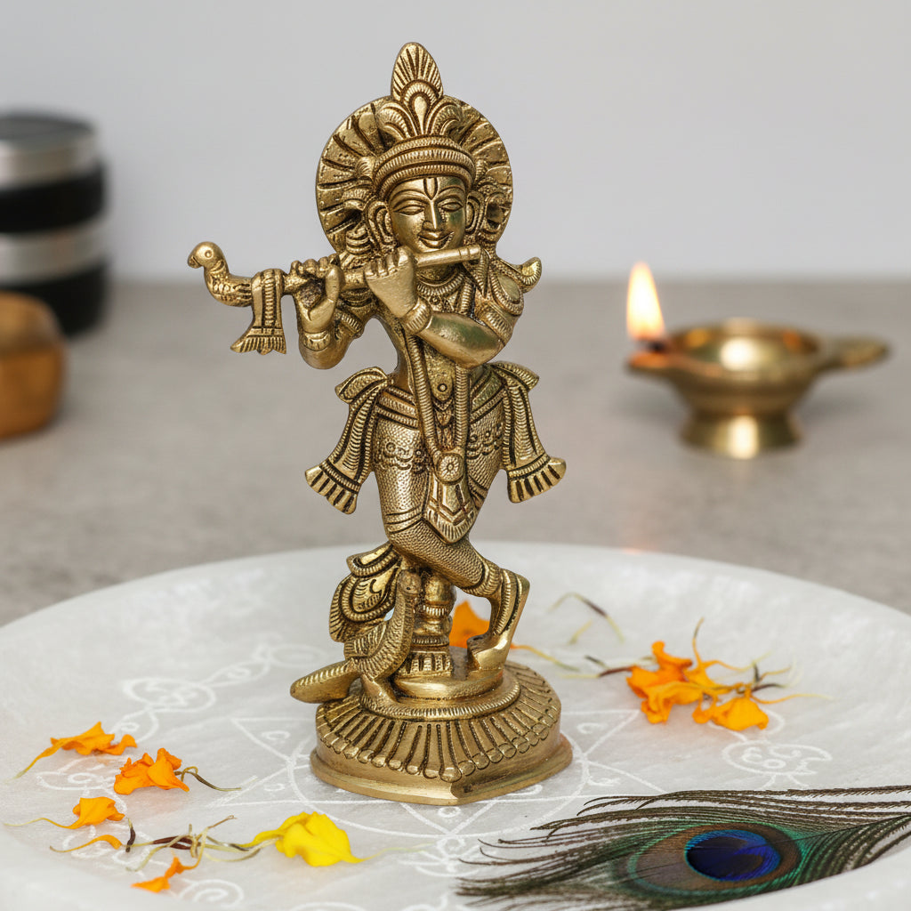 vastu mandir krishna ji, vastu brass idol, brass items, premium krishna ji statue in brass metal idol for vastu, home decor, table showpiece