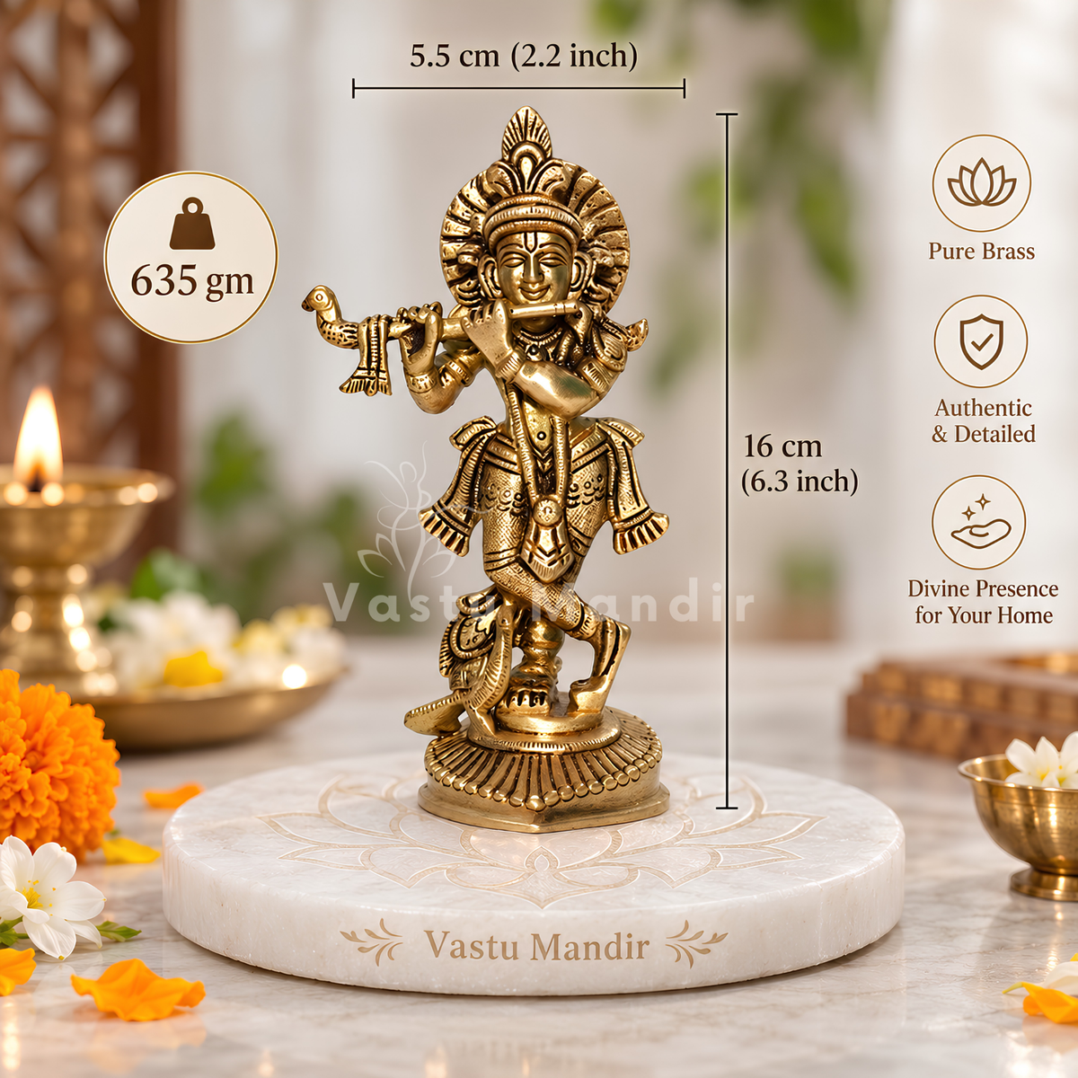 Brass Krishna Ji Idol Vastu Remedy for Love, Harmony and Divine Positivity for Home, Office and Temple Decor | 5.5 x 16 cm | 635gm