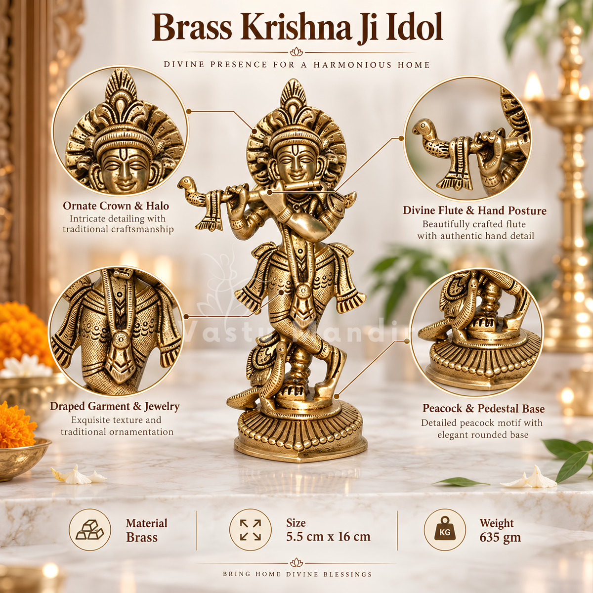 Brass Krishna Ji Idol Vastu Remedy for Love, Harmony and Divine Positivity for Home, Office and Temple Decor | 5.5 x 16 cm | 635gm