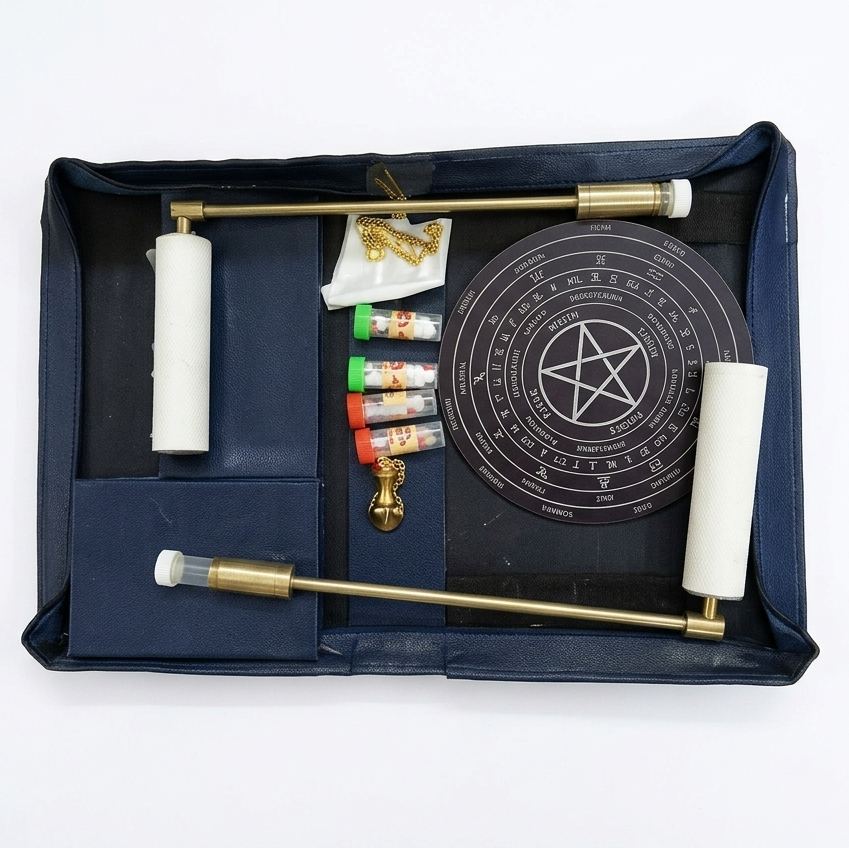 Brass Leather Dowsing Kit in a black case on a white background