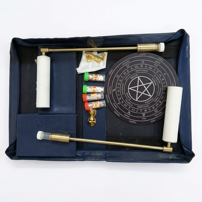 Brass Leather Dowsing Kit in a black case on a white background
