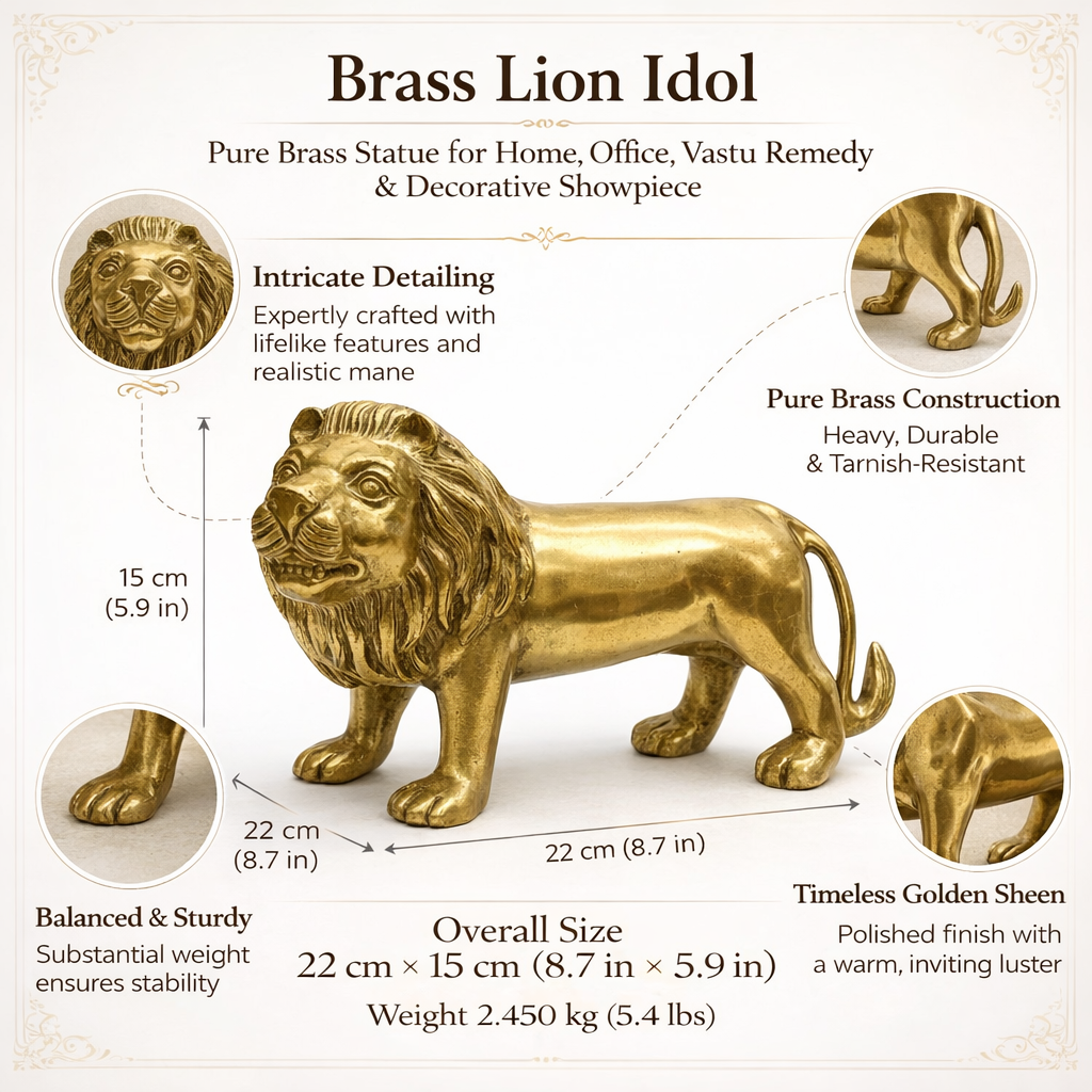 Brass lion idol with detailed specifications on a white background