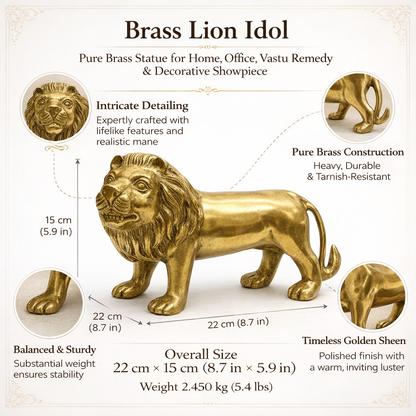 Brass lion idol with detailed specifications on a white background