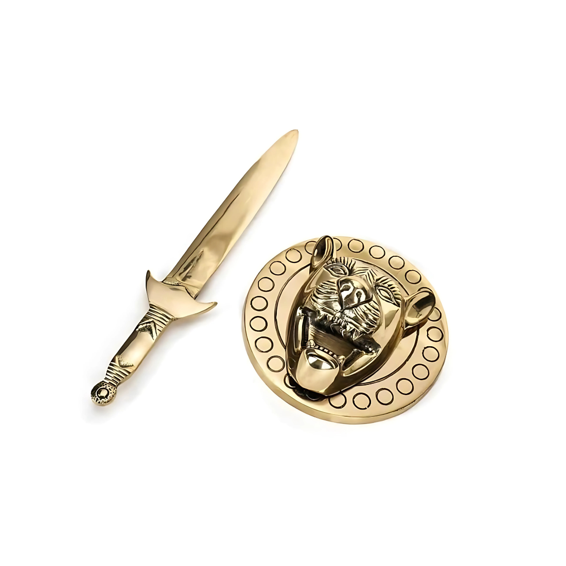 Brass Lion with Talwar on a white background