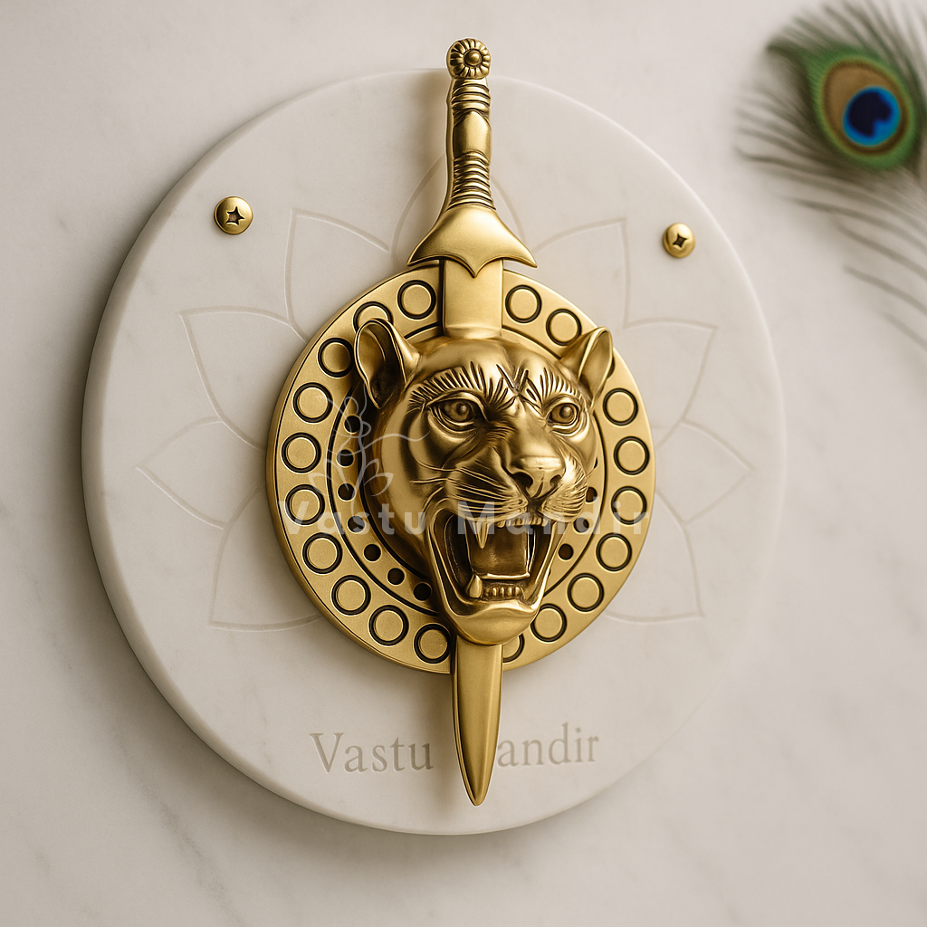 Brass Lion with Talwar on a white background