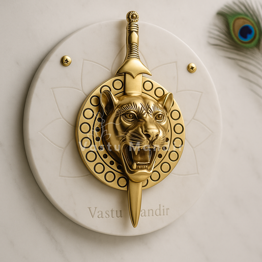 Brass Lion with Talwar on a white background