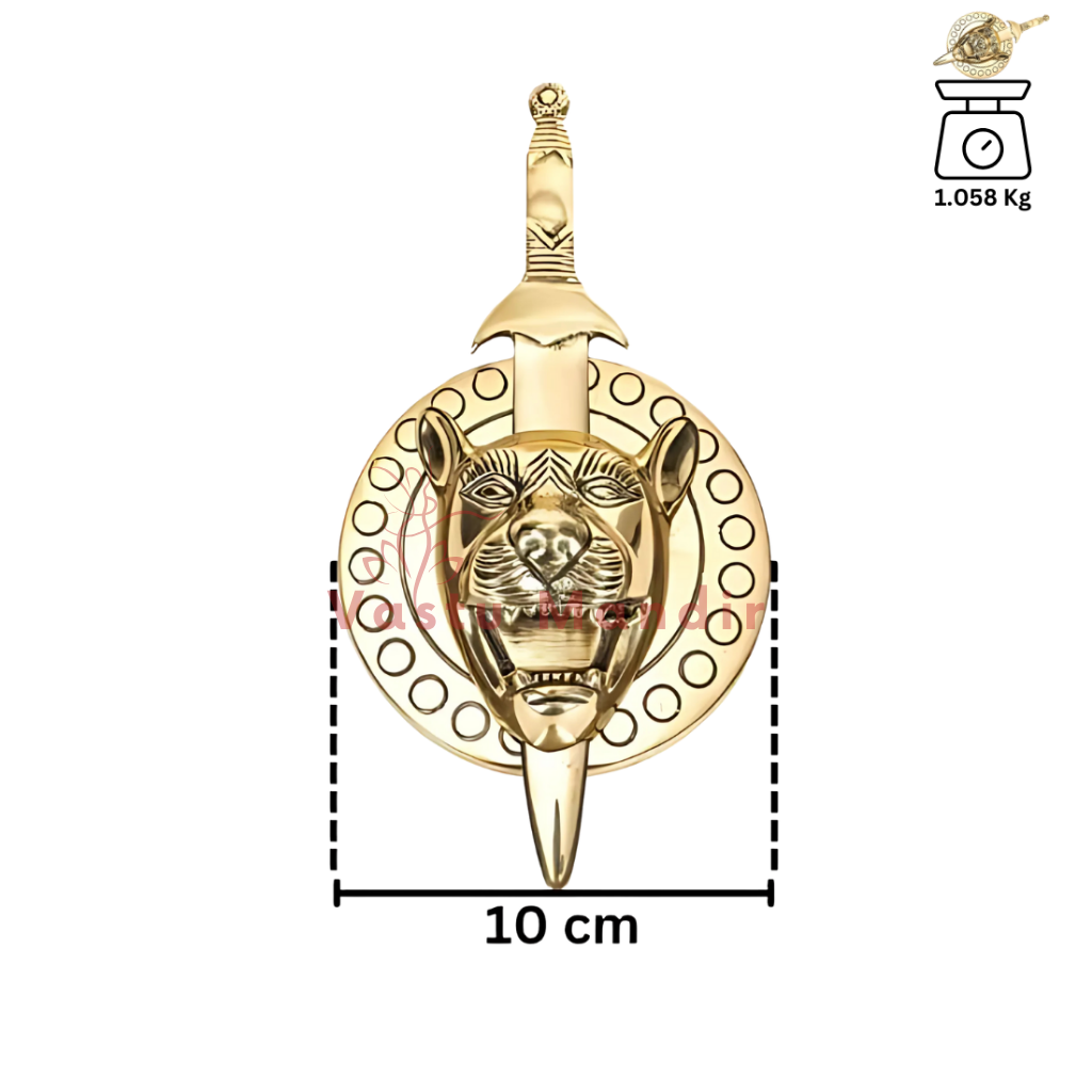 Brass Lion Face With Talwar and measurements on a white background