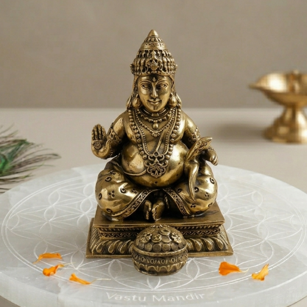 Brass Lord Dhan Kuber Ji Idol on a white platform with a peacock feather and small lamp in the background.