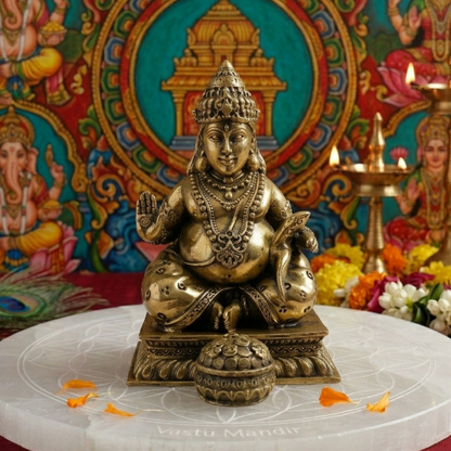 Brass Lord Dhan Kuber Ji Idol on a white platform with colorful background