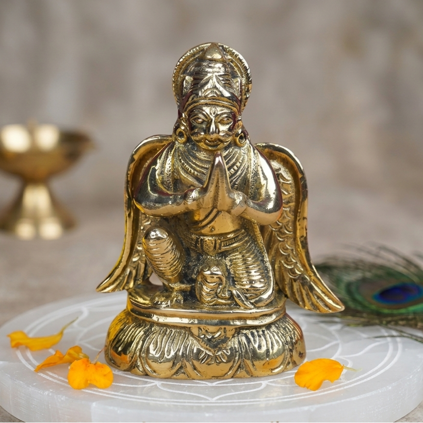 Brass Lord Garud Dev Ji Idol on a white pedestal with 'Vastu Mandir' branding, surrounded by decorative elements.
