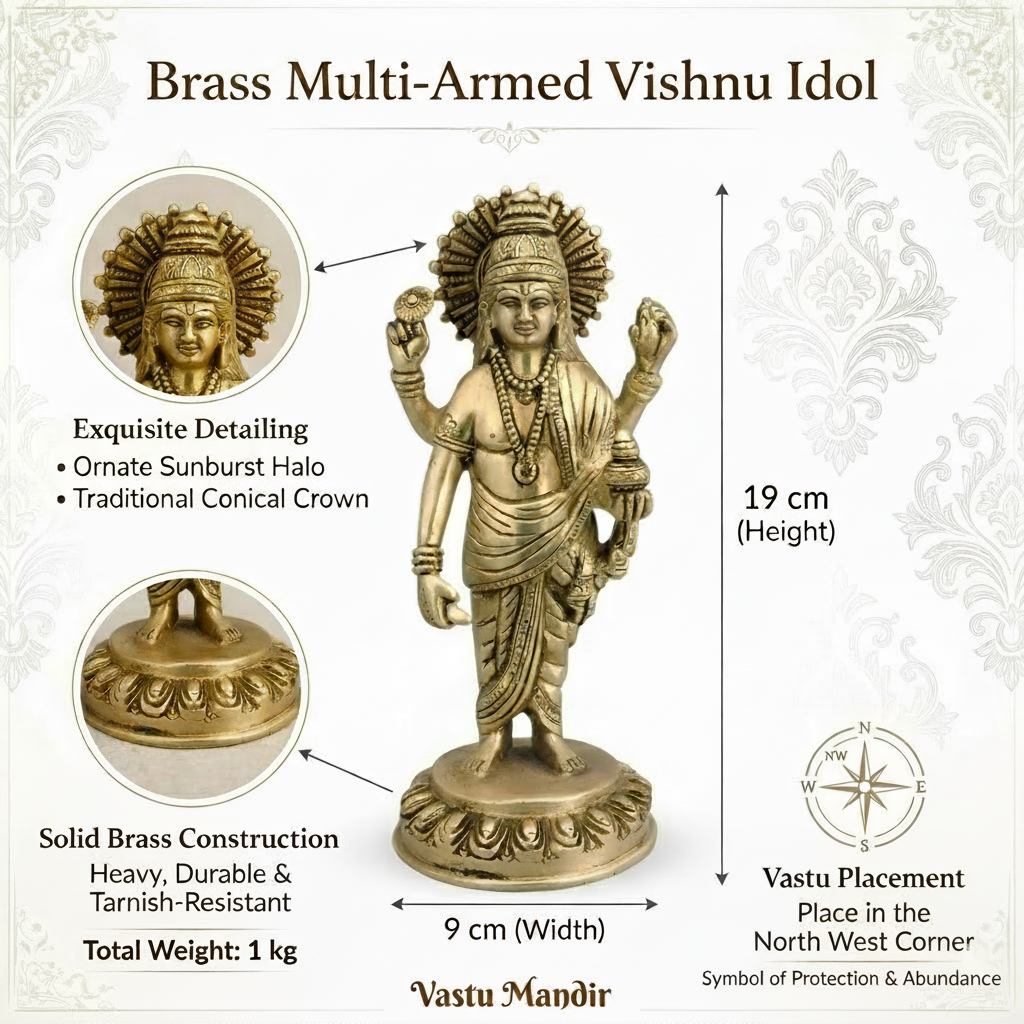 Brass Multi-Armed Vishnu Idol with detailed features and measurements on a decorative background