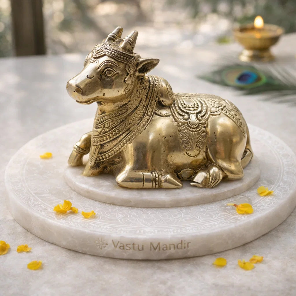 Vastu brass bull statue on a marble base with 'Vastu Mandir' branding, surrounded by yellow flowers.