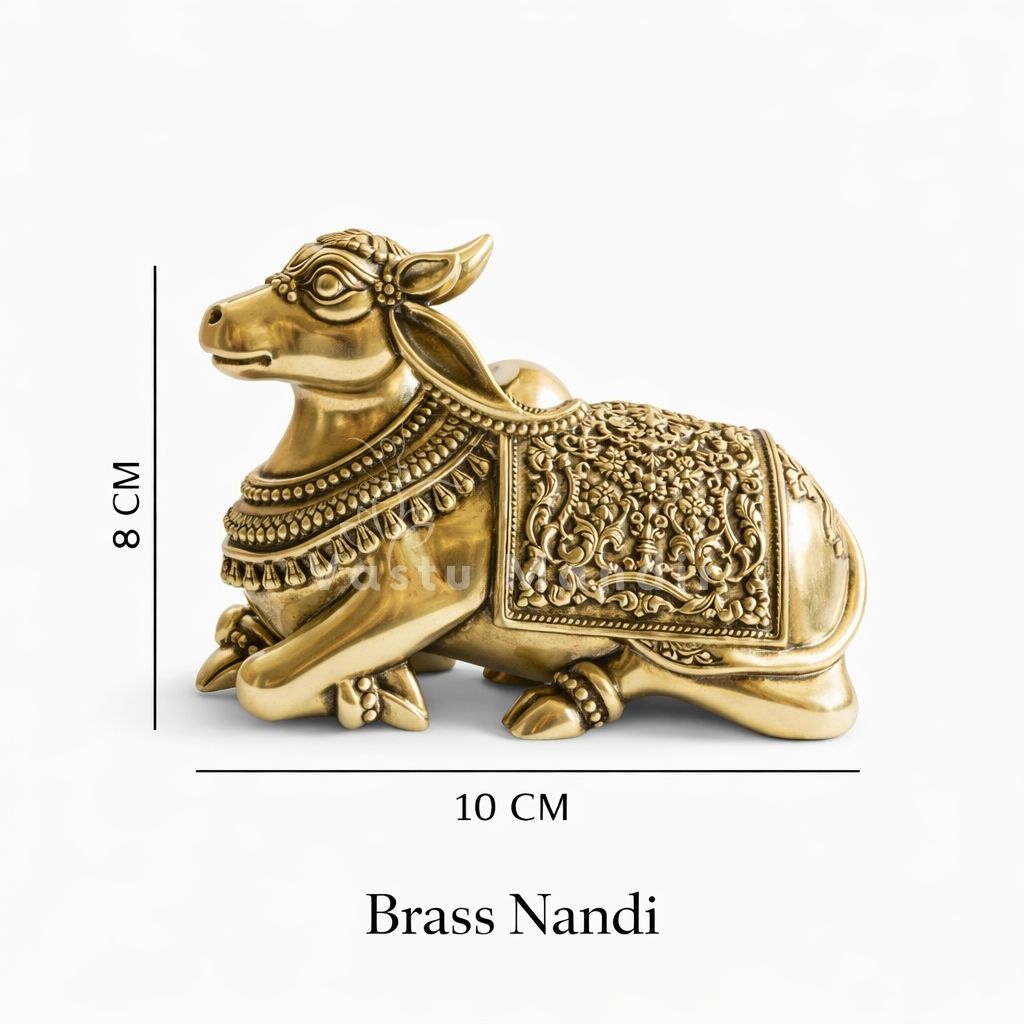 Brass Nandi statue with dimensions on a white background