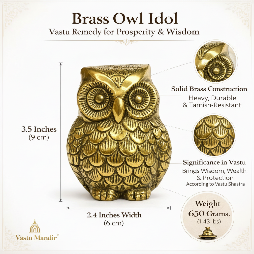 Brass owl statue with measurements, weight, and Vastu significance on a white background