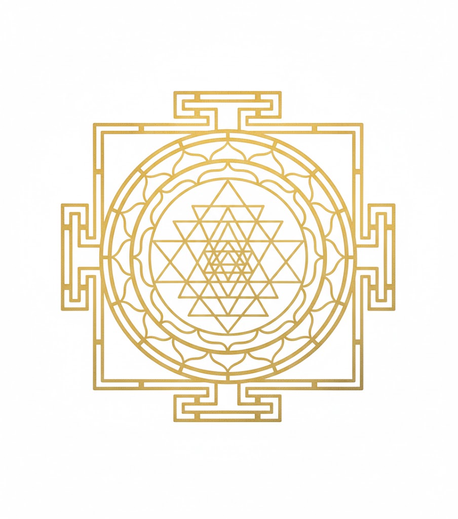Brass Shri Yantra plate gold-tone Shri Yantra line design isolated on white