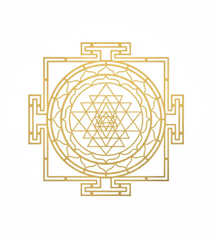 Brass Shri Yantra plate gold-tone Shri Yantra line design isolated on white