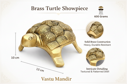 Brass turtle showpiece with details on weight, dimensions, and features on a white background