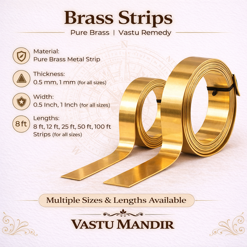 Brass strips with product details on a white background, branded as Vastu Mandir.