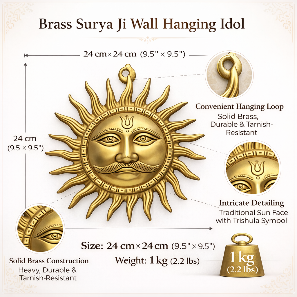 Brass Surya Ji wall hanging idol with details on size, weight, and construction.