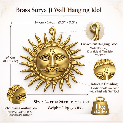 Brass Surya Ji wall hanging idol with details on size, weight, and construction.