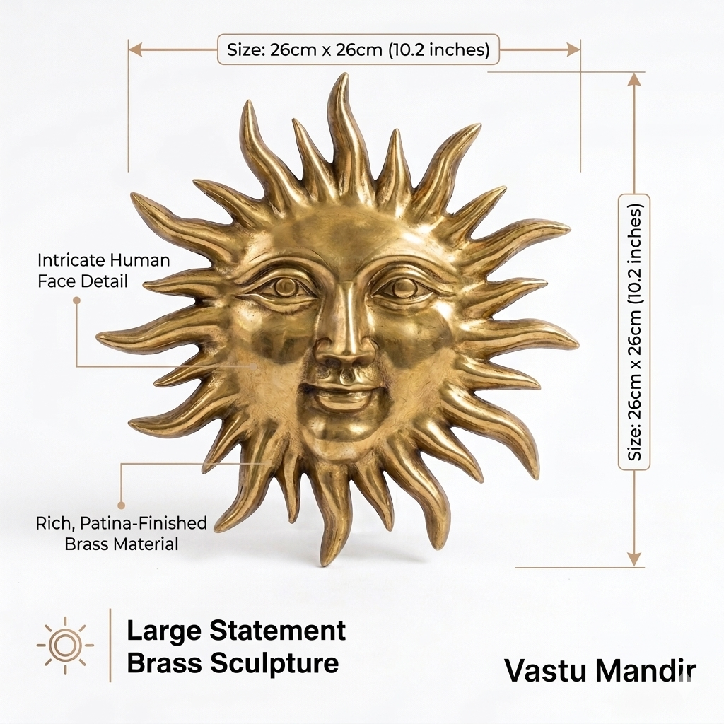 Brass Surya Mukh Wall Hanging sculpture with detailed face, labeled features, and dimensions on a white background.