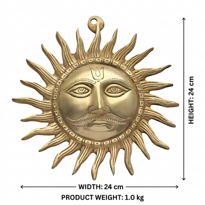 Brass Surya (Sun) Ji Wall Hanging Idol with face, shown with measurements on a white background.