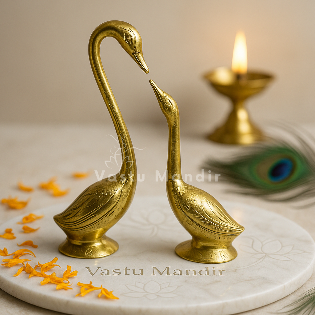 Two gold swan statues on a marble base with a lit candle in the background.