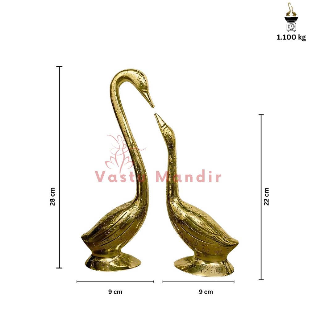 Swan Pair 100% Pure Brass Statue with dimensions on a white background, featuring Vastu Mandir branding.