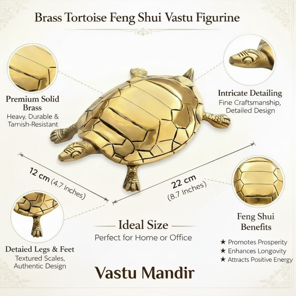 Brass Turtle Vastu Remedy Idol with detailed specifications on a beige background