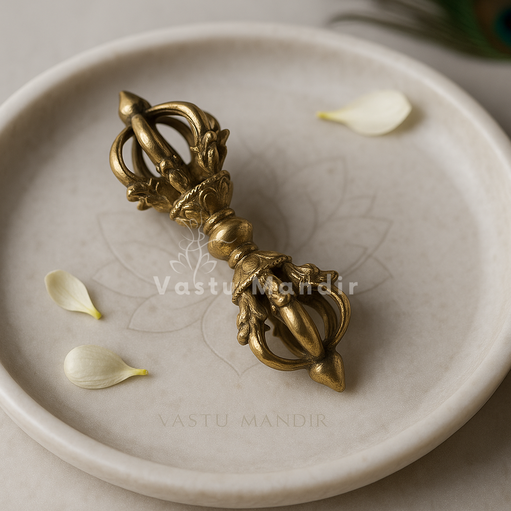 Vajra (Dorje) on a beige plate with flower petals, branded 'Vastu Mandir'.
